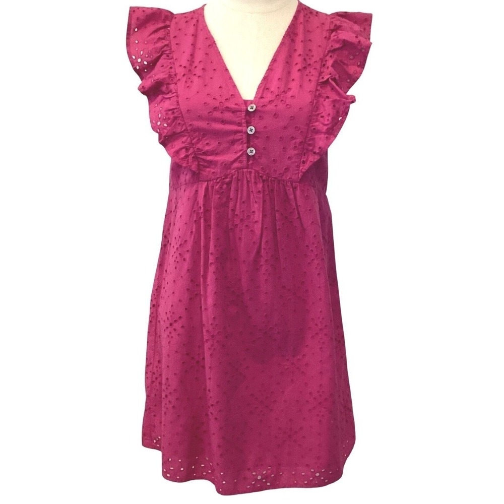 LOFT Sundress Raspberry Pink Eyelet Flutter Sleeve Babydoll Mini Dress - XS/P